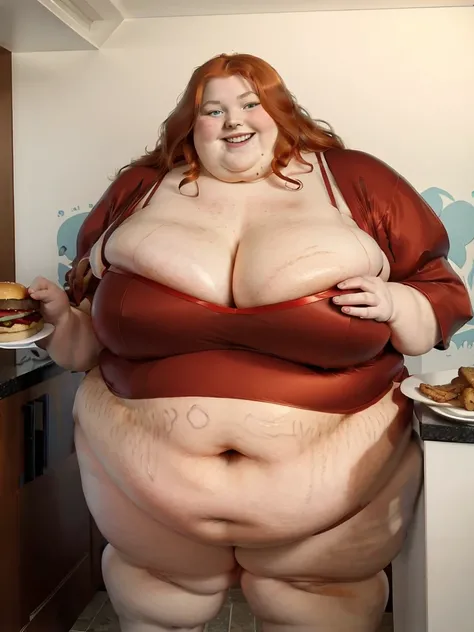 A happy photo of a young beautiful redhead bbw with long wavy ginger hair soft fat belly, wide fat obese hips, thick fat legs and fat arms, cute pretty face, blue eyes, freckles, in a red covering dress, eating a giant burger in a Fancy restaurant