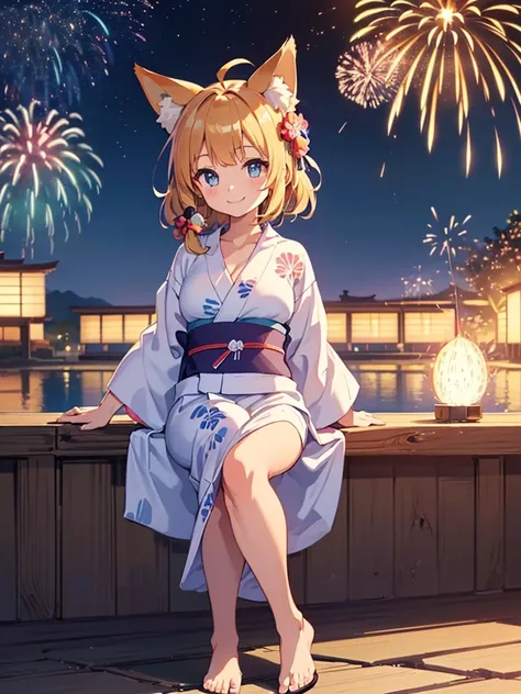 (masterpiece, Highest quality, Super detailed),One girl,((super fine illustration)),((cute eyes,highly detailed skin)),((smile)),(well endowed,Blessed,Captivating body、Detailed Background)、(yukata:1.5),firework,(大量のfirework,Night view,Ocean)、Festivals, ful...