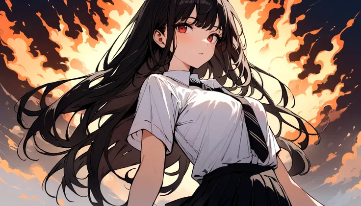 Red eyes, Black Hair, Long Hair,tie, girl,One person,
Collared shirt, White shirt, Short sleeve, Pleated skirt, student, Highest quality, masterpiece, High resolution, summer, 