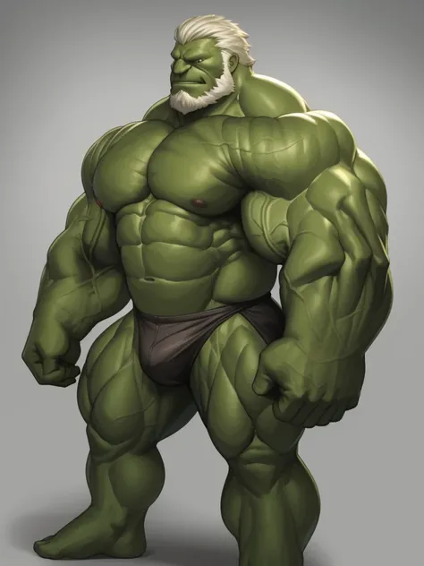 solo, 1boy, perfect anatomy, perfect proportion. Huge Muscular Old man hulk, hulk, view from side, pectoral, thick arms, huge pectoral, wide pectoral, short white hair, red beard and hair, simple background, masterpiece, semirealistic:1.2, high detailed, 8...