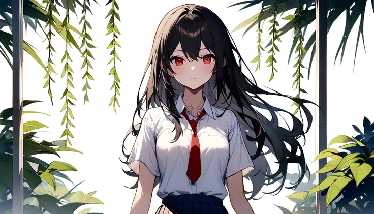 Red eyes, Black Hair, Long Hair,tie, girl,One person,
Collared shirt, White shirt, Short sleeve, Pleated skirt, student, Highest quality, masterpiece, High resolution, summer, Xin Haicheng