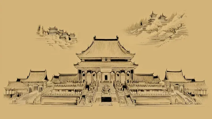 a drawing of a chinese temple with a pagoda in the background, tang dynasty palace, chinese palace, background depicting a temple, beautiful render of tang dynasty, temple background, ancient chinese architecture, traditional chinese, chinese architecture,...