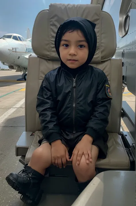 GENERATED IMG photo, a 5 year old man wearing a hijab, wearing a typical Palestinian Kopas bomber jacket, wearing tactical pilot boots, is sitting in an Indonesian-flagged Sukhoi plane. details of aircraft components. On the Sukhoi fuselage there is a name...