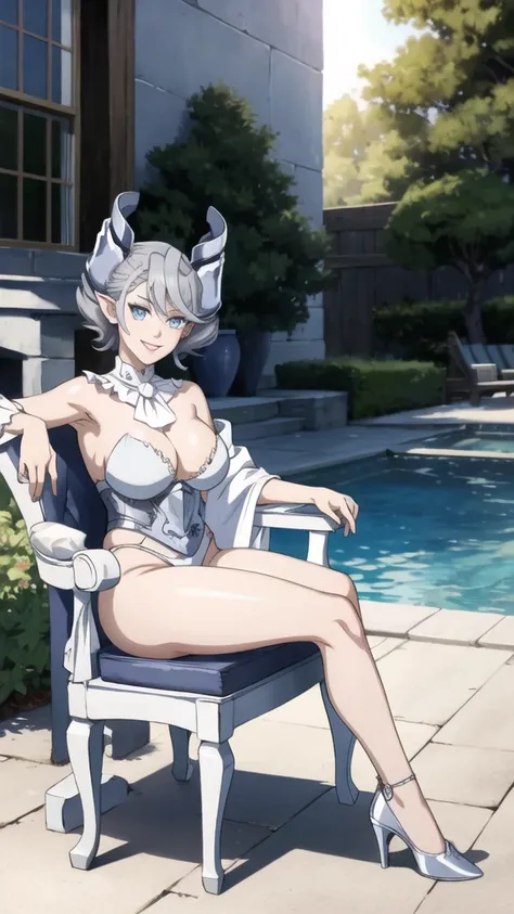 　garden sun light High level image quality　best image quality　8K　 adult woman   silver castle outside  more colors   whole body view　portrait　 bikini   　horn    ears  　short hair（（shortcut）（gray hair）（perm）（fluffy））　eye color is blue ,  , 　attractive evil ...