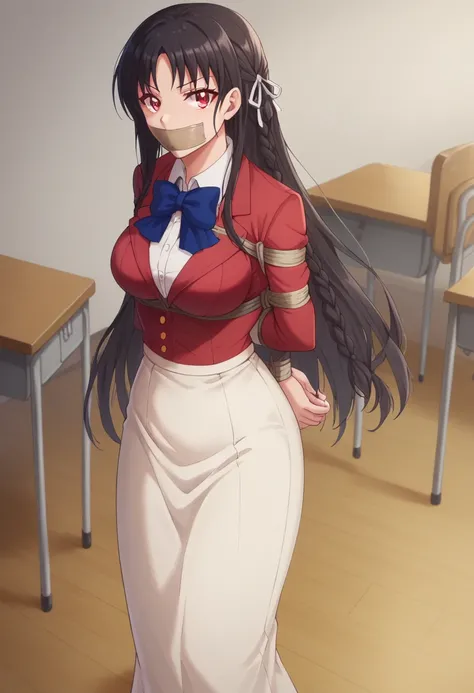 suzunehorikita, suzune horikita, long hair, black hair, (red eyes:1.3), hair ribbon, braid,
BREAK bow, , jacket, bowtie, blue bowtie, blazer, (red blazer:1.5), skirt, long white skirt, pencil skirt, high-waist skirt,long skirt,shoes
BREAK indoors, classroo...