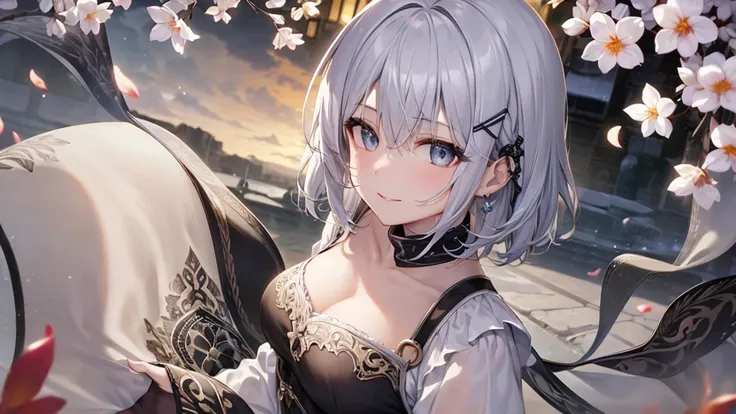 Her eyes were shining、Mysterious and enchanting atmosphere。With AI Painting、とてもShort Hair, Long bangs between the eyes, Very detailed,(masterpiece、Highest quality)、alone、Gray Hair、Fantasy, Silver Hair, Fantasyな風景、White shirt、smile、Open your mouth、Scarf、sho...