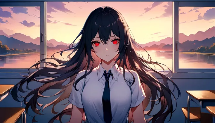 Red eyes, Black Hair, Long Hair,tie, girl,One person,
Collared shirt, White shirt, Short sleeve, Pleated skirt, student, Highest quality, masterpiece, High resolution, summer,evening,Xin Haicheng,classroom