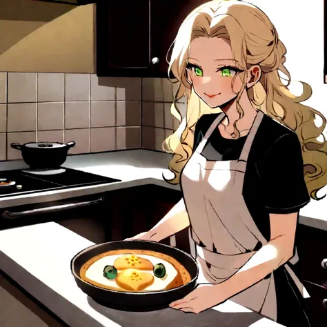 (german woman, age 25, green eyes detailed wavy hair with moth, blonde , heartthrob style, Grinning,  wearing a t-shirt, cooking apron), helping by making pizzas with cheese edges, on a granite table, with wheat flour, olive oil, biological ferment , miner...