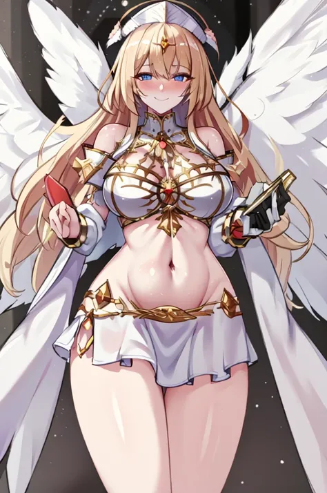 Priestessess,Valkyrie,Angel Wings,belly button,Side bust,Complex,Particles of light,Thighs,Shiny skin, Perfect lighting, One girl,  View your viewers,Winged hat,Pelvic Curtain, smile,(masterpiece), (Highest quality), Very large breasts, maternal, Porcelain...