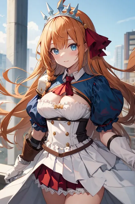 aapeco, very long hair, ahoge, braid, tiara, hair ribbon, red ascot, cleavage, shrug (clothing), shoulder armor, white dress, short sleeves, white gloves, pleated skirt, red skirt,