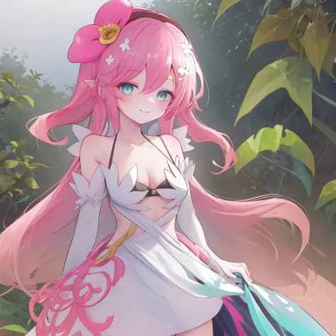 Traptrix, (best quality, masterpiece1.2), 1 girl, solo, smile, pink hair, cyan eyes, plant, white backgroud, best quality, highres,