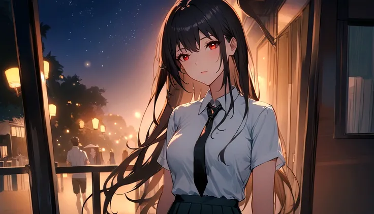 Red eyes, Black Hair, Long Hair,tie, One Girl,
Collared shirt, White shirt, Short sleeve, Pleated skirt, student, Highest quality, masterpiece, High resolution, summer,night,Xin Haicheng,the way、Outdoor