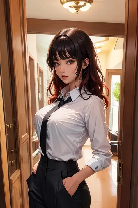 masterpiece, Highest quality, Super detailed, figure, Spectacular lighting, Structure of the film, isometric, One girl, alone, cute, Brown eyes, Black Hair, Swept-apart bangs, Single Side Lock, Red Hair Clip, White collared shirt, Black bra shows through、B...