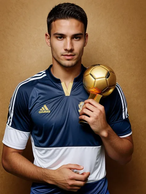 powerful soccer male player holding golden cup in hands, round head, luxury background, soccer clothes, paparazzi