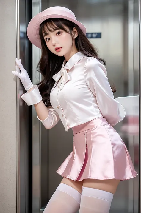 Highest quality、Elevator Girl、Shiny silk formal jacket in pink、White blouse with big ribbon、Round collar、Micro Mini Skirt、Tight Skirt、A small round hat with a ribbon、Skinny、White gloves、White over-the-knee socks、Flushed Cheeks、Embarrassed look、Big Breasts、...