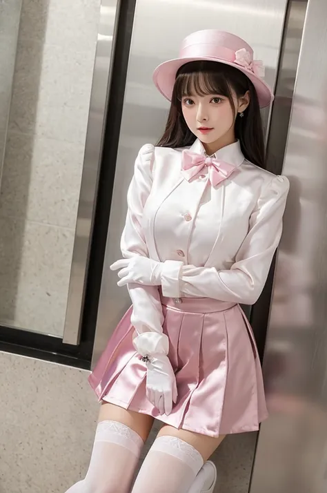 Highest quality、Elevator Girl、Shiny silk formal jacket in pink、White blouse with big ribbon、Round collar、Micro Mini Skirt、Tight Skirt、A small round hat with a ribbon、Skinny、White gloves、White over-the-knee socks、Flushed Cheeks、Embarrassed look、Big Breasts、...