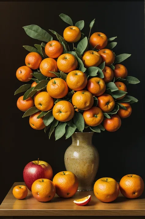 A still life with fruits, an apple, two tangerines, two oranges and a mamey on a table and a vase of flowers on its side ..and in this order first the tangerine then the orange again the tangerine then the mamey and on top the apple 