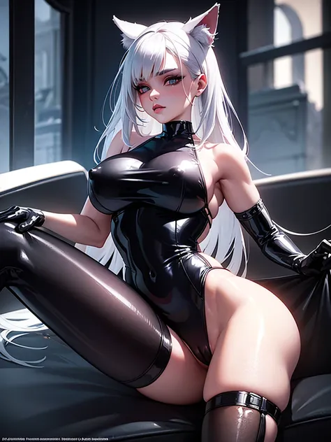 A beautiful girl with white hair, cat ears, and a voluptuous body, wearing a tight black leather suit that reveals her nipples and genitals, masturbating, with an extremely detailed face, beautiful detailed eyes and lips, and an extremely detailed body, in...