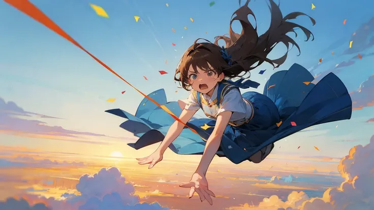 ((Highest quality)), ((masterpiece)), ((Very detailed)),Floating Girl,Angry expression，Confetti，Brown Hair,tears,Blue sky background,Feet in the air,tears,Long skirt,loafers,Raise both hands,falling girl