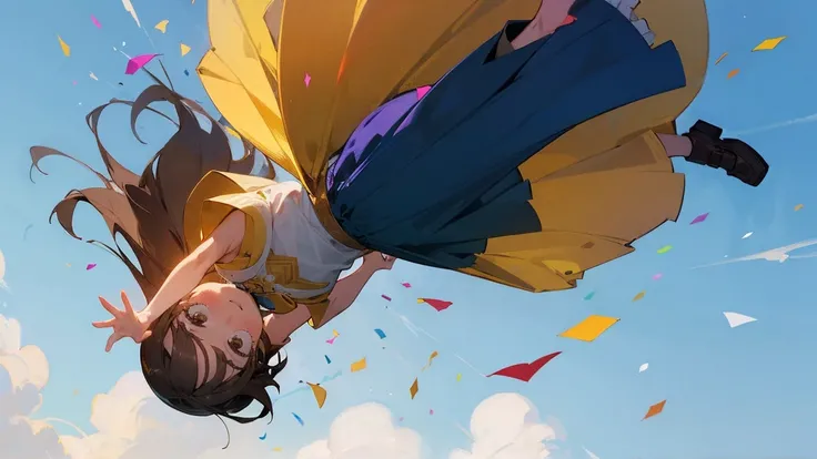 ((Highest quality)), ((masterpiece)), ((Very detailed)),Floating Girl,Angry expression，Confetti，Brown Hair,tears,Blue sky background,Feet in the air,tears,Long skirt,loafers,Raise both hands,falling girl