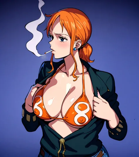 a cartoon picture of a woman in a bikini top and jeans, nami one piece, nami from one piece, nami, beautiful portrait of nami, from one piece, oppai, blue eyes, smoking, ponytail, nsfw