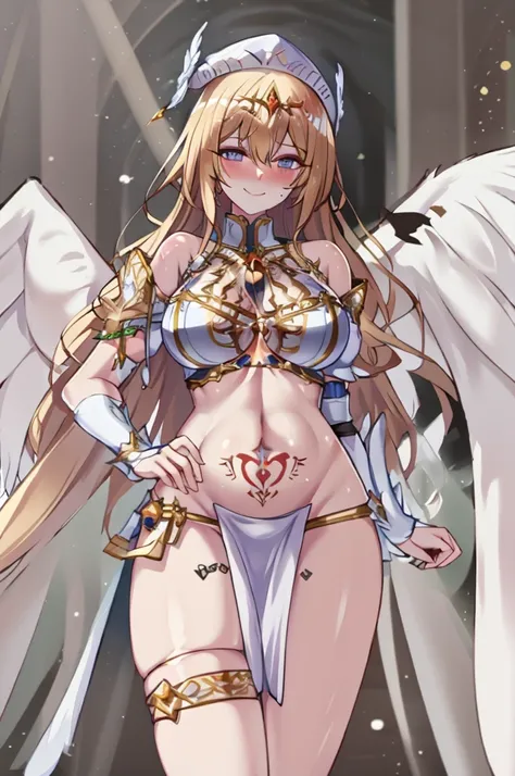 Priestessess,Valkyrie,Angel Wings,belly button,Side bust,Complex,Particles of light,Thighs,Shiny skin, Perfect lighting, One girl,  View your viewers,Winged hat,Pelvic Curtain, smile,(masterpiece), (Highest quality), Very large breasts, maternal, Porcelain...