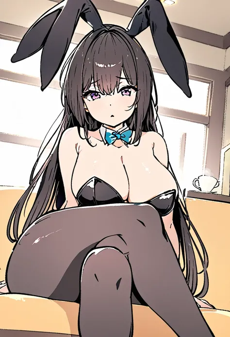 1girl, ultra high res,, large chest, cleavage, playboy bunny girl, bunny ears, black stocking, crossed leg, sitting, 