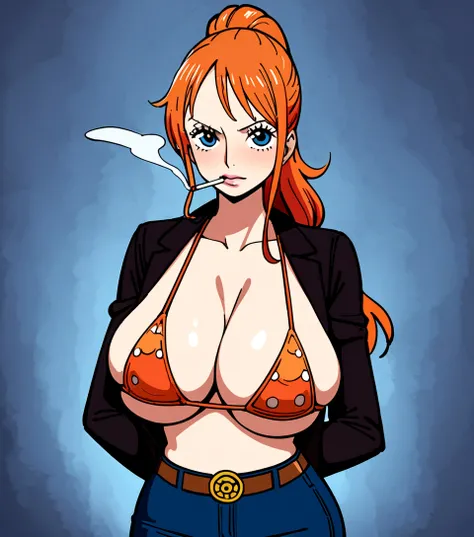 a cartoon picture of a woman in a bikini top and jeans, nami one piece, nami from one piece, nami, beautiful portrait of nami, from one piece, oppai, blue eyes, smoking, ponytail, nsfw