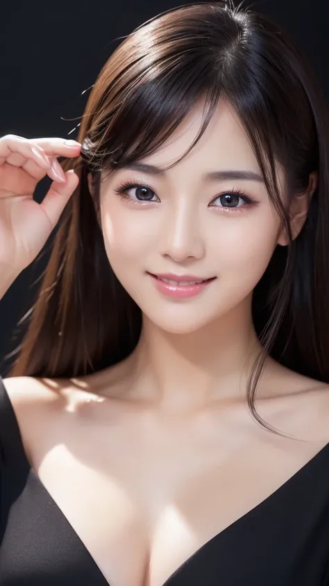 (Super beautiful woman)、((highest quality、8K masterpiece:1.3))、sharp focus:1.2、(super beautiful face:1.0)、(shiny skin:1.0)、realistic pictures、black hair、video lighting、High resolution eyes and face、video lighting、japanese actress、from the front、with a happ...