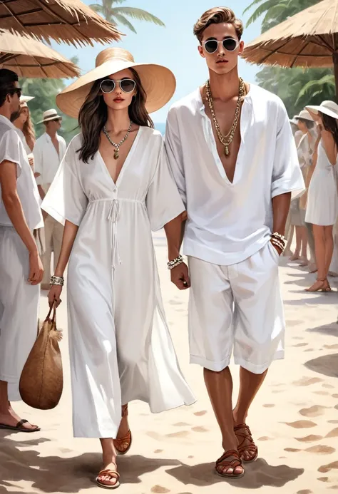 candid fashion clothing illustration of good looking young man and woman, both aged 20 year old, ((showcase fashion in a White cotton-rayon outfits)), inspired by ZARAs resort collection blending local culture and nature in elegant bohemian style. The man ...