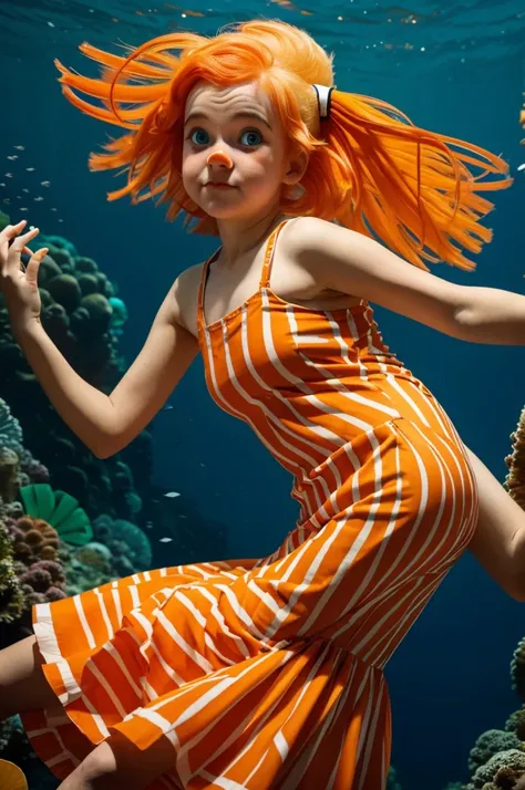 A girl with orange and white hair with stripes like a clown fish. She wore a bright orange dress, had tiny fins on her arms and legs, and had blue eyes that shone shyly.