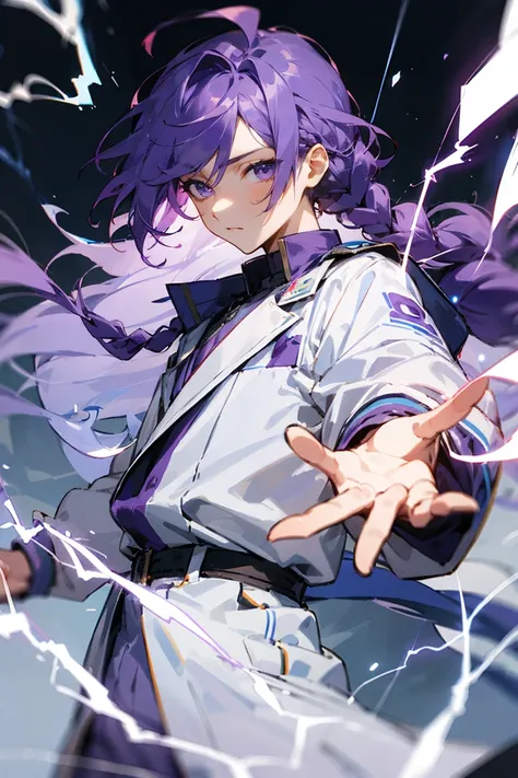 Male, long hair, purple hair, hair tied into a braid, purple and white clothes, long sleeves, electricity 