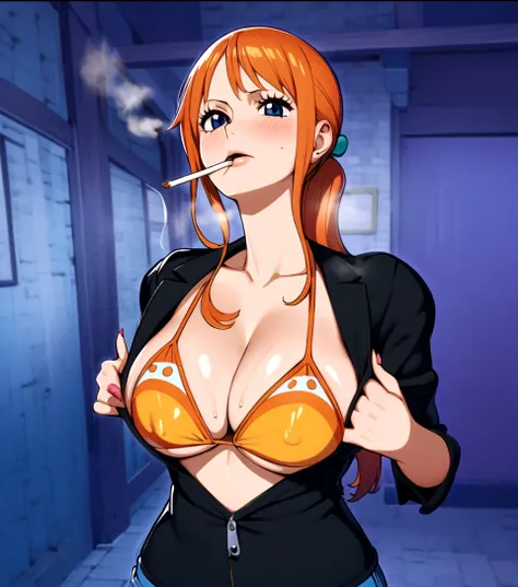 a cartoon picture of a woman in a bikini top and jeans, nami one piece, nami from one piece, nami, beautiful portrait of nami, from one piece, oppai, blue eyes, smoking, ponytail, nsfw, nipple, horny