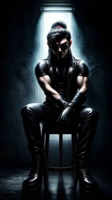 a stylish korean man with long hair tied in bun, wearing black round sunglasses, black leather gloves, dark clothing, sitting on a chair in a dark environment, dynamic point of view, best quality, ultra-detailed, photorealistic, vivid colors, dramatic ligh...