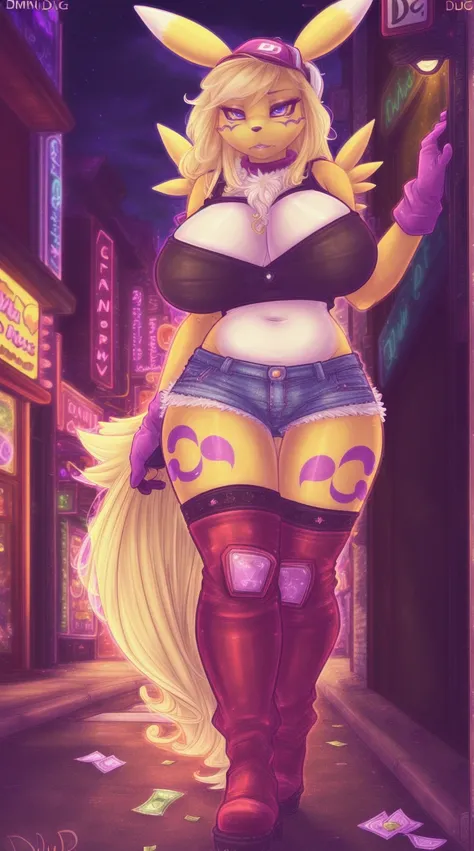 uploaded on e621, (((by Dimwitdog))), solo female (((renamon))), wear (((slutty street hooker outfit))), (detailed renamon), digimon, (detailed lighting),(detailed fur), (detailed big breasts), big breasts, (detailed skin), BREAK, ((standing at a street co...