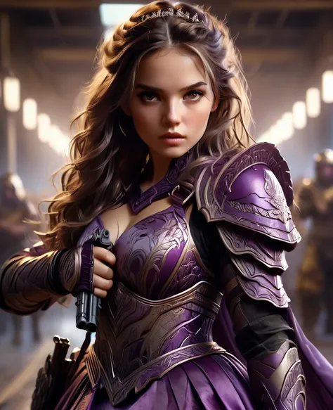 A young and stunningly beautiful female warrior wearing a deep purple camouflage satin floor-length evening dress, Ideal ratio, squat, Carry an assault rifle, A tense look, Detailed face and eyes, Perfect Skin, Flowing Hair, Graceful posture, realistic and...