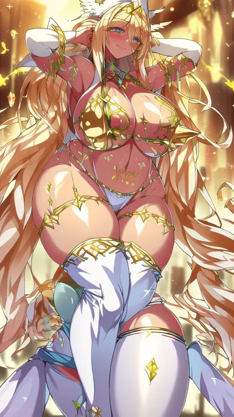 Priestessess,Valkyrie,Angel Wings,belly button,Side bust,Complex,Particles of light,Thighs,Shiny skin, Perfect lighting, One girl,  View your viewers,Winged hat,Pelvic Curtain, smile,(masterpiece), (Highest quality), Very large breasts, maternal, Porcelain...