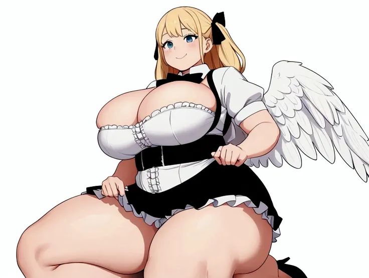 {white wings},{angel},{muscle},{very curvy},{gigantic breasts},very big woman,bbw,thicc,{two side up},blonde hair,cute dress shirt frills ribbon split corset skirt,trample,dynamic angle, dynamic cut,naughty smile,looking down from below,{leg focus},{full b...