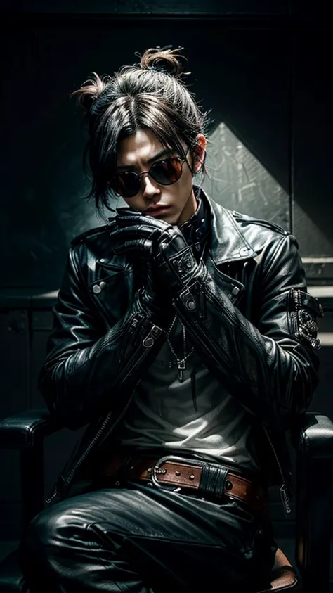 a stylish korean man with long hair tied in bun, wearing black round sunglasses, black leather gloves, dark clothing, sitting on a chair in a dark environment, dynamic point of view, best quality, ultra-detailed, photorealistic, vivid colors, dramatic ligh...