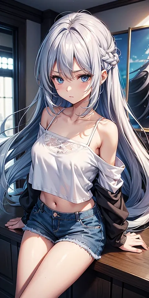  woman，Silver long hair，blue eyes，Short camisole，Crop shirt，Off the shoulder，white，art， anime，figure