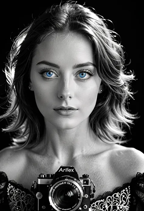 black and white, a woman with  blue eyes, half body shot, whimsical photography style, captured with an Arriflex 35BL camera using Canon K25 prime lenses, cinematic, dramatic lighting, ultra clear, breathtaking surreal masterpiece.