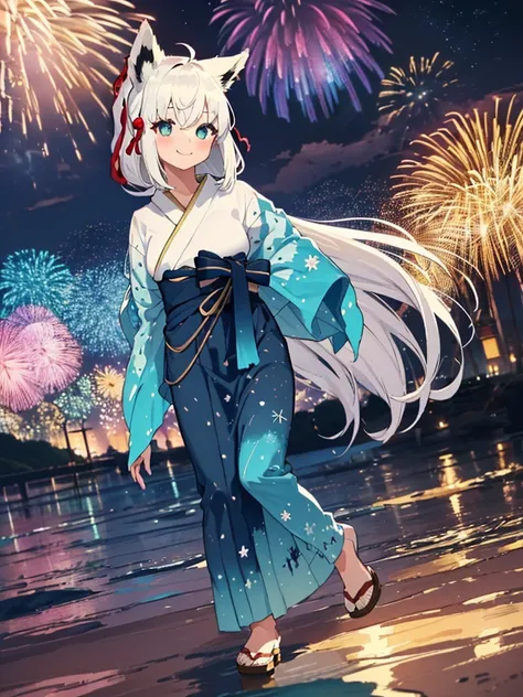 (masterpiece, Highest quality, Super detailed),One girl,((super fine illustration)),((cute eyes,highly detailed skin)),((smile)),((well endowed,Blessed,Captivating body、Detailed Background))、(yukata:1.5),firework,(大量のfirework,Night view,Ocean)、Festivals, f...