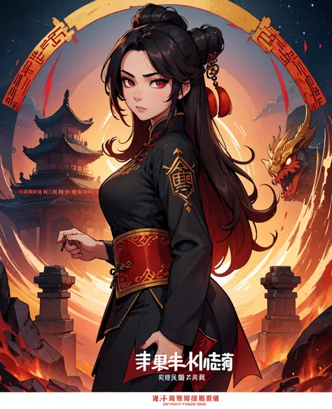 (best quality, movie poster style), a beautiful woman with (one red eye:1.2),(meaningful chinese script writing:1.1), combining the elements perfectly together.