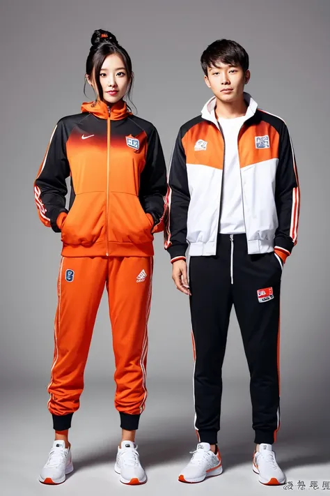 Chinese girl and man, Olympic wear set, smart orange and black Olympic wear , super cool designs  outfit , long pants 