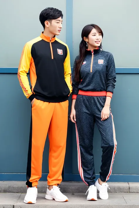 Chinese girl and man, Olympic wear set, smart orange and black Olympic wear , super cool designs  outfit , long pants 