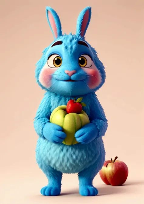 bunny, realistic pixar style, furry animal, apple, blue eye, blush, cherry, food, fruit, full body, hold, inhuman, strawberry,