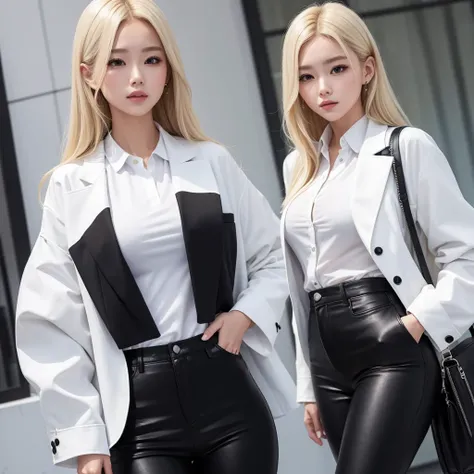  pretty blonde white shirt, black jacket and black pants