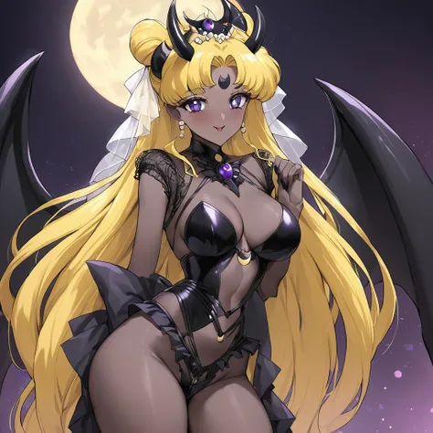 ((Highest quality)), ((masterpiece)), (detailed), （Perfect Face）、The woman is the dark queen of the Black Moon clan, the demon queen Princess Serenity, and the woman is the jet-black, sexy demon princess Serenity.、The woman is a jet-black female demon with...