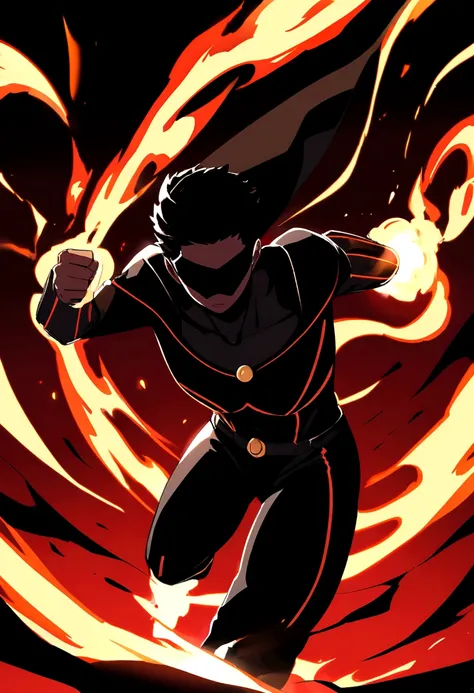 Black teenager using fire powers in black superhero costume with red lines 