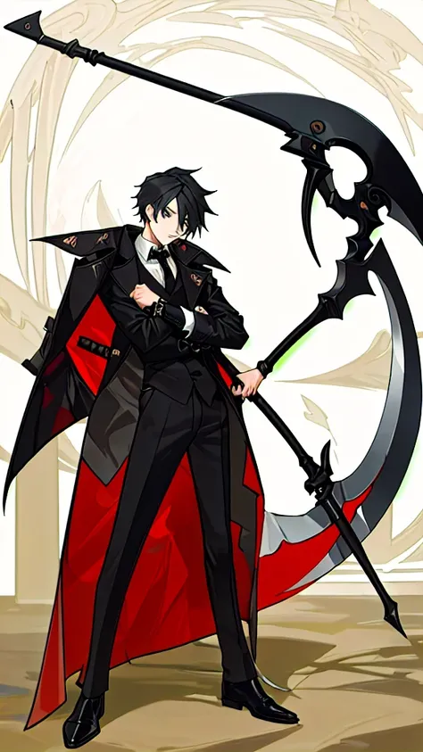 A teenage boy  pose with a scythe, coat outfit,,Anjm masterpiece